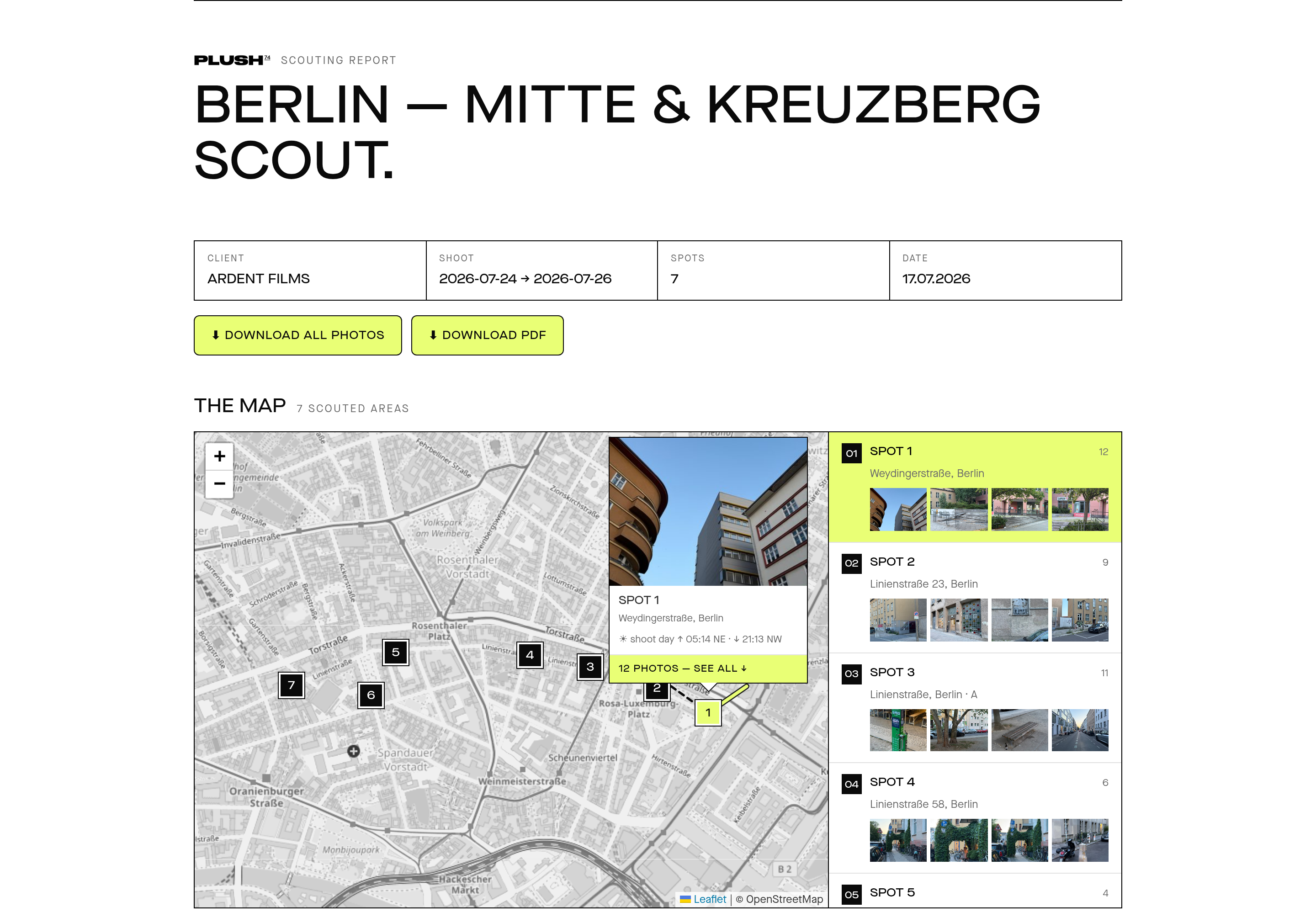 The client scouting report: map with numbered pins and per-spot sections
