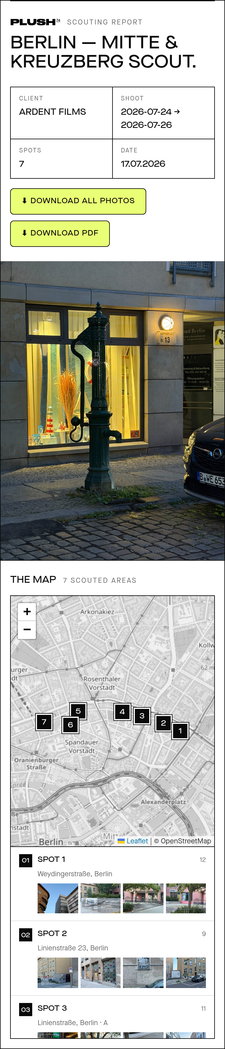 The client scouting report on a phone: map, numbered spots and per-spot detail