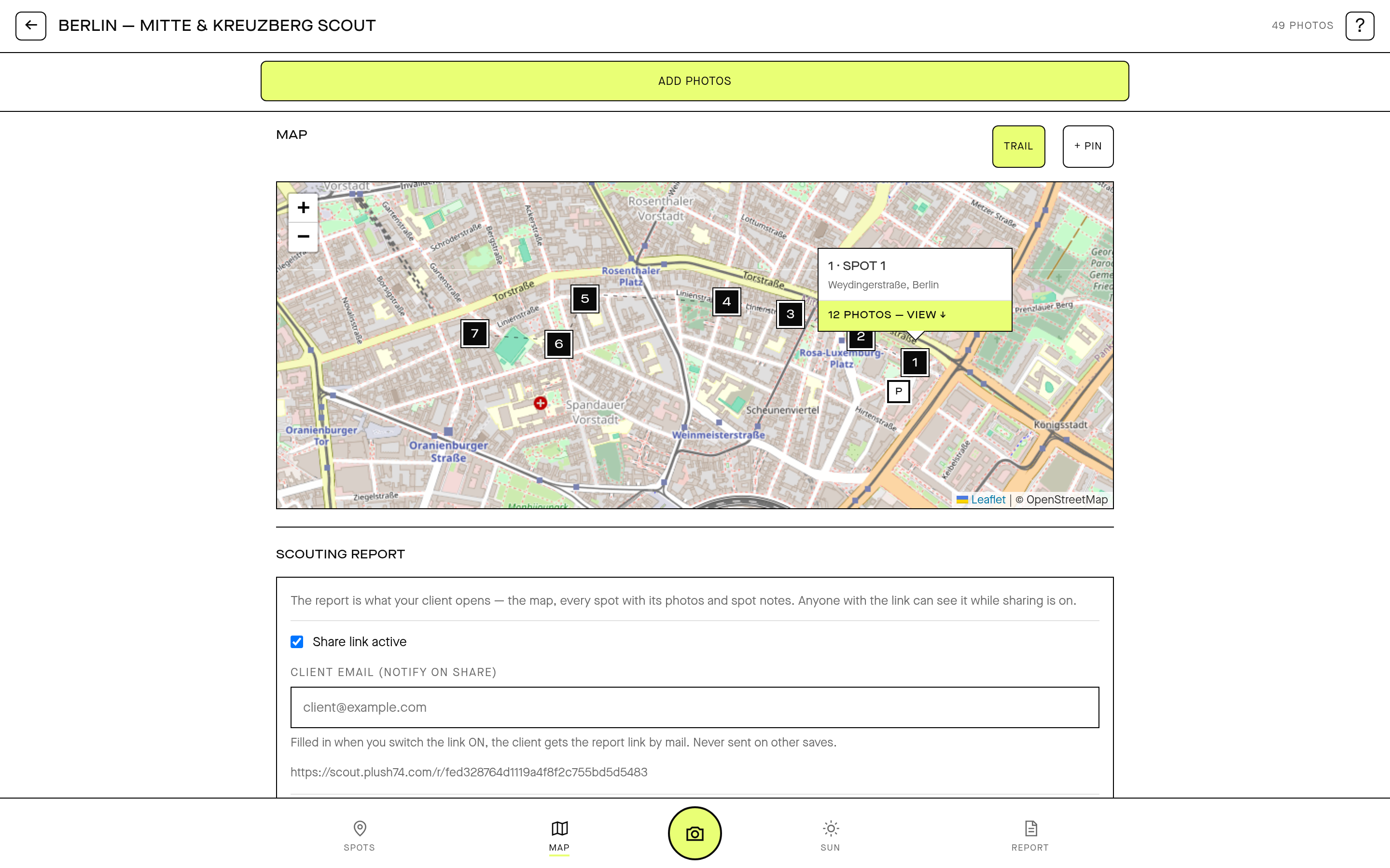 Every spot pinned on the project map, each with its street address filled in