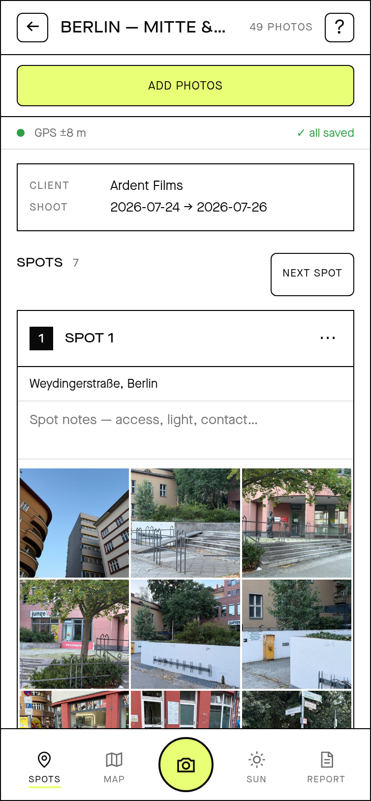 Spots auto-clustered from a scout day, listed in walking order