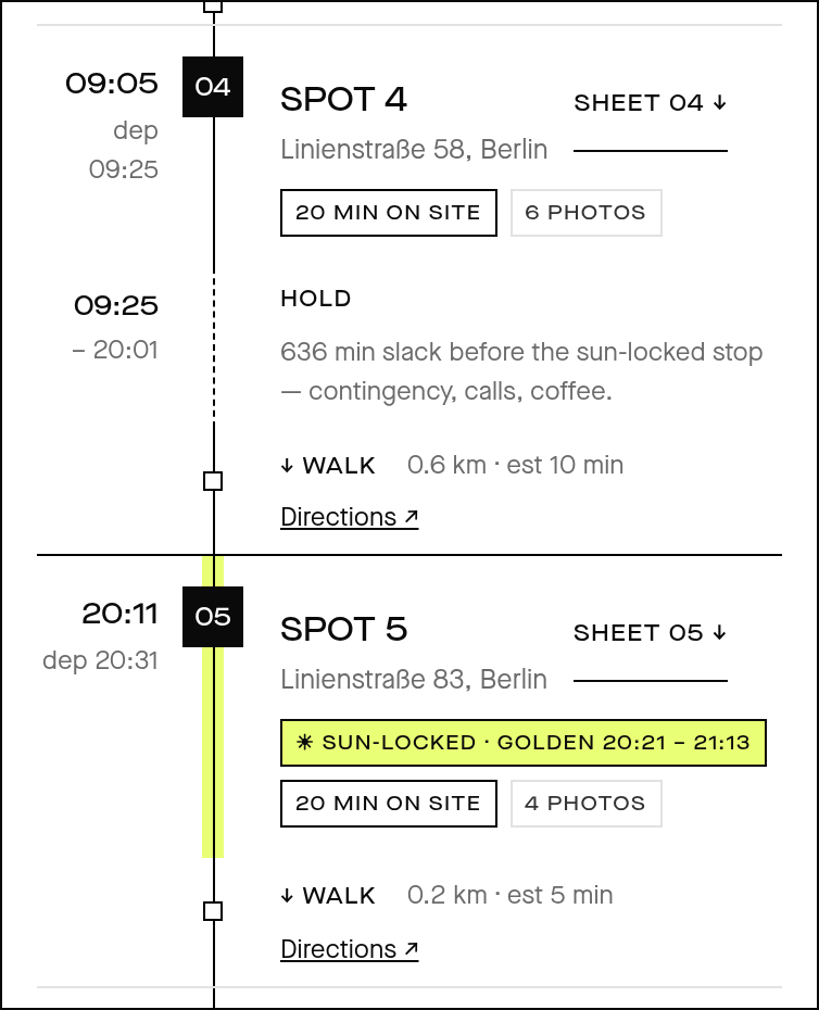 The crew recce time-rail: an earlier stop with a long HOLD segment, then a spot marked sun-locked to the golden window 20:21 to 21:13, with walk legs and stop-sheet links between stops