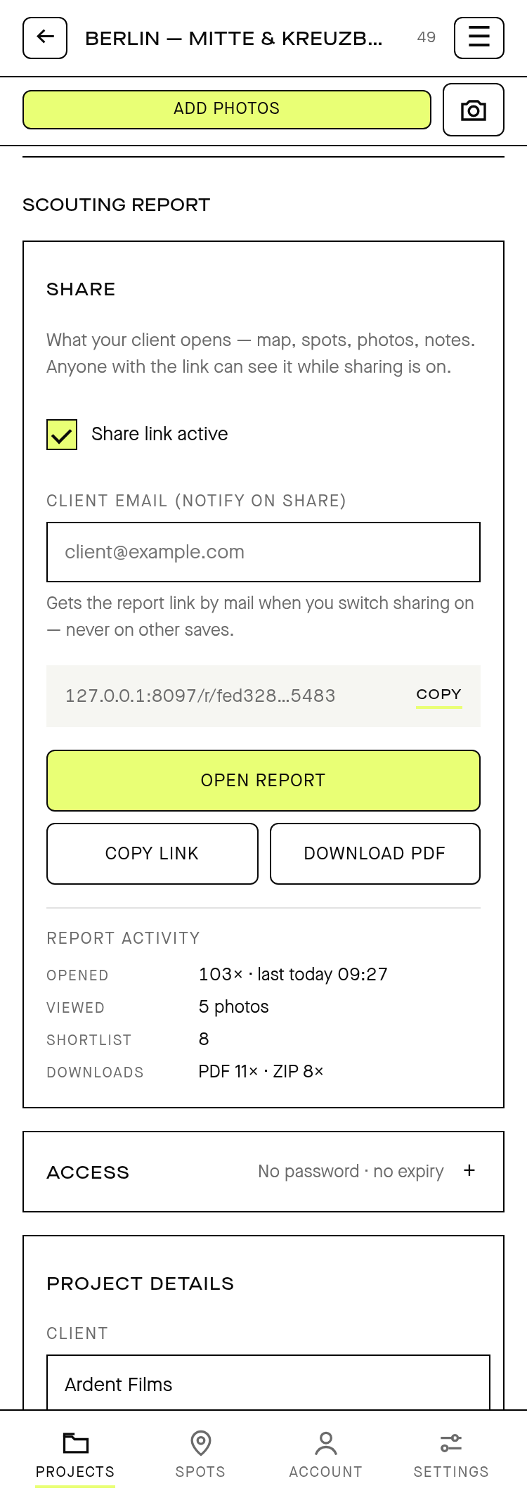 Publishing the client report from the Report tab