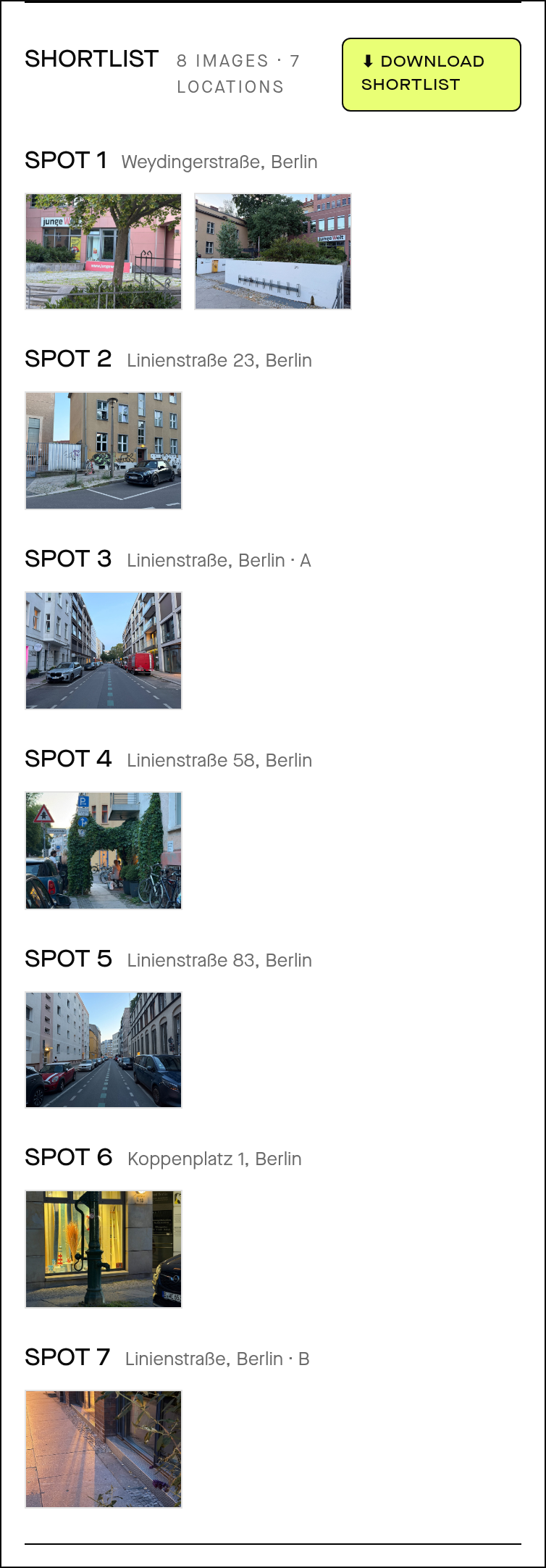 A shortlist of favourite spots picked from the client link